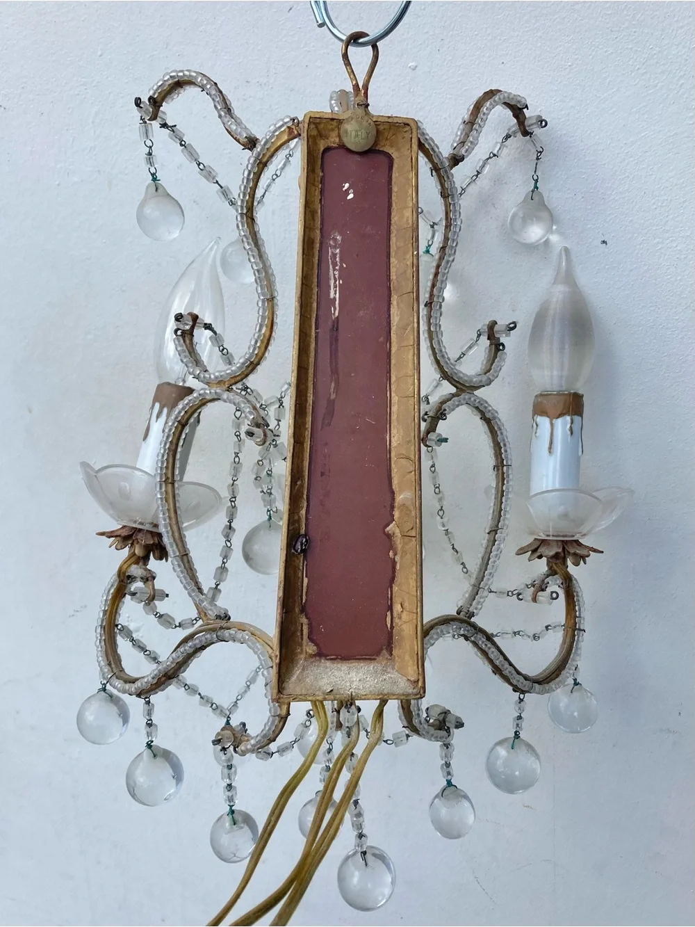 Vintage Italian Macaroni Beaded Glass 3 Light Wall Sconces Pair